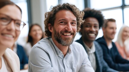 Obraz premium A group of smiling individuals in a modern office setting, with a focus on a man in the foreground who is wearing a light blue shirt and has curly hair.