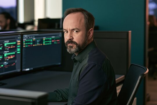 Senior cybersecurity specialist reviewing critical security alerts and assessing enterprise network risks during active IT operations
