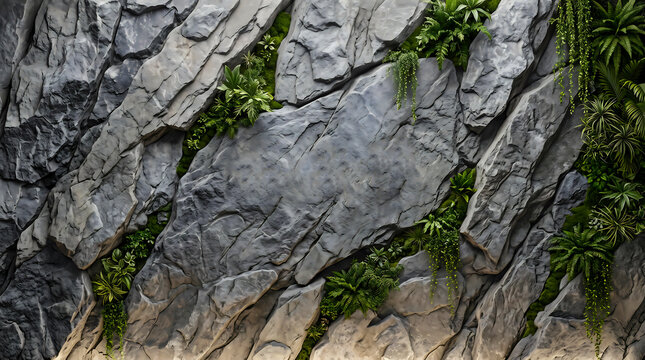 Close-up view of a rugged grey rock wall with lush green foliage and plants growing in its natural crevices.
