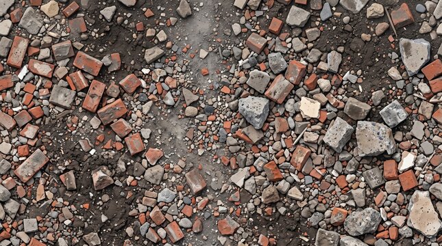 Ground Surface Covered with Broken Bricks, Concrete Rubble, and Soil Debris