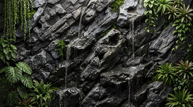 Lush green tropical plants growing on a dark, wet rocky wall with multiple small waterfalls trickling down.