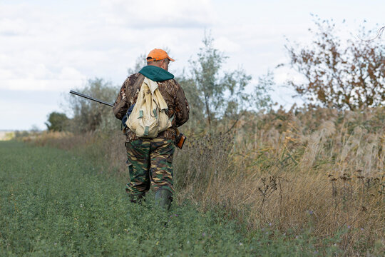 A hunter with a gun in camouflage clothing. A gentleman with a gun, medium shot, unrecognizable.