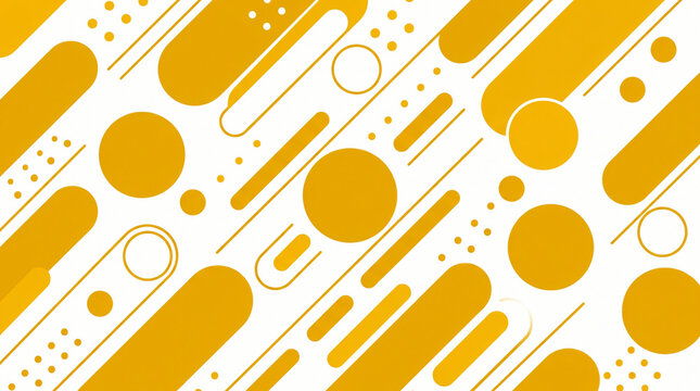 Dynamic abstract geometric pattern background with yellow circles, lines, and rounded rectangles on a white surface, creating a modern and vibrant design