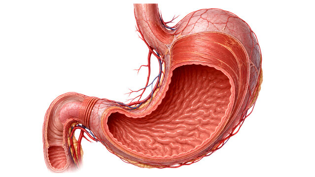 Detailed anatomical view of the human stomach and duodenum, showing internal structure and blood vessels