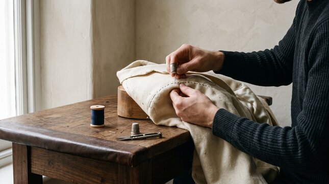 Tailor hand bastes structure into a cream wool jacket sleeve