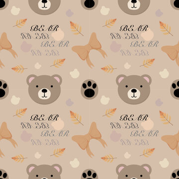 Cute Teddy Bear Seamless Pattern with Bows and Botanical Leaves