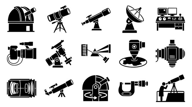 Black Observatory Telescope and Astronomy Research Equipment Vector Silhouette Collection