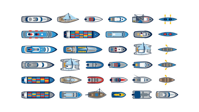 Diverse watercraft collection from above during daylight vector illustration