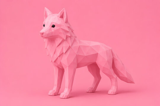 Pink low poly wolf on pastel background in geometric origami style