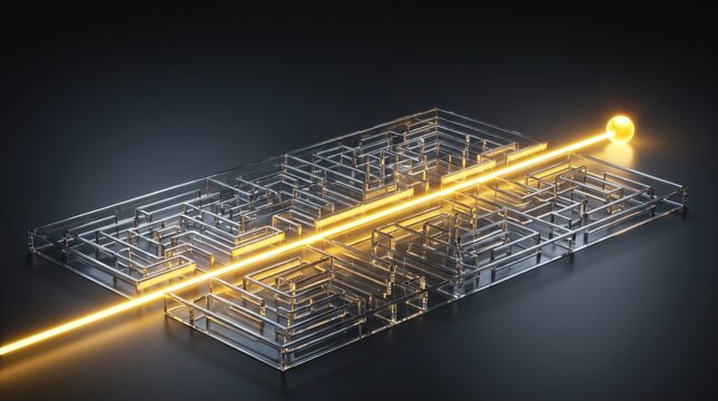 Glass Maze with Golden Light Beam Problem Solving Concept with Copy Space