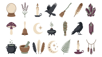 Obraz premium Mystical Symbols Vector Set with Crystals Ravens and Candles for Esoteric Concepts