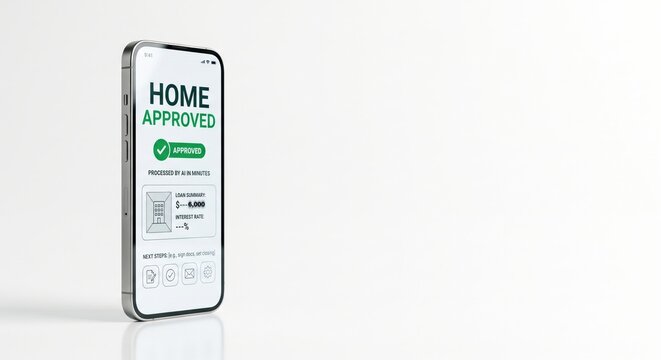 Smartphone displaying home approved mortgage app screen on isolated white background
