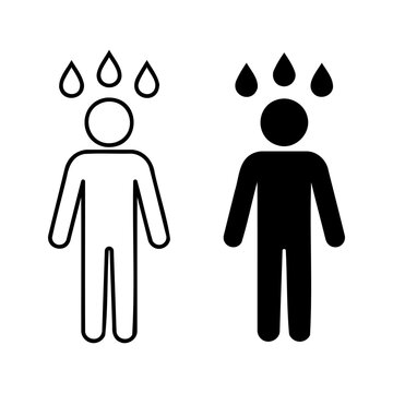 Person standing under falling raindrops icon set with depression melancholy downpour