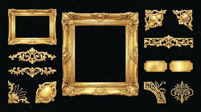 Collection of golden ornate antique picture frames and vintage decorations.