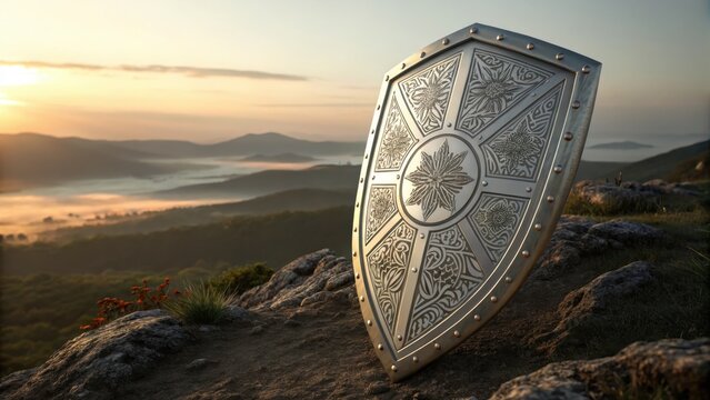 Ornate Medieval Shield on Mountain Summit at Dawn