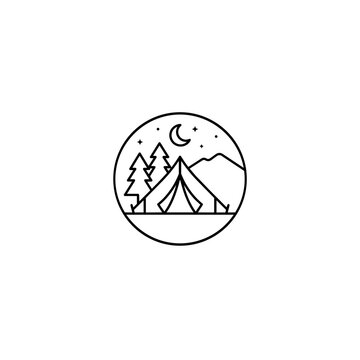 Nighttime camping tent circle icon with moon and starry sky adventure mountains minimalist vacation wilderness