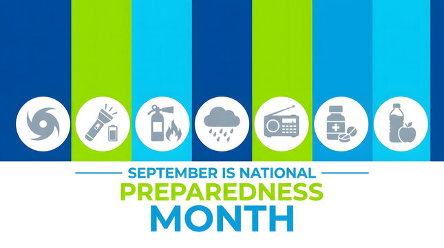 National preparedness month illustration with emergency supply icons and vibrant striped background