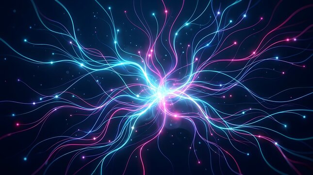 Abstract glowing neural network and fiber optic data transmission lines background