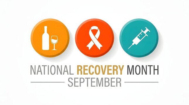 National recovery month awareness illustration with alcohol ribbon and syringe icons for september campaigns