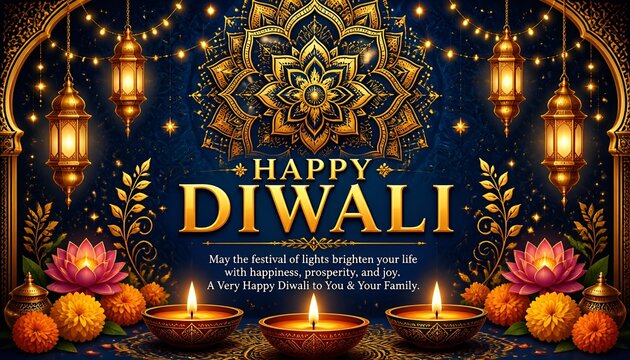 Happy Diwali Festive Mandala & Lanterns - Festival of Lights Celebration