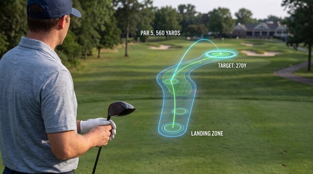 Golfer visualizing Par 5 hole with digital course strategy and shot trajectory