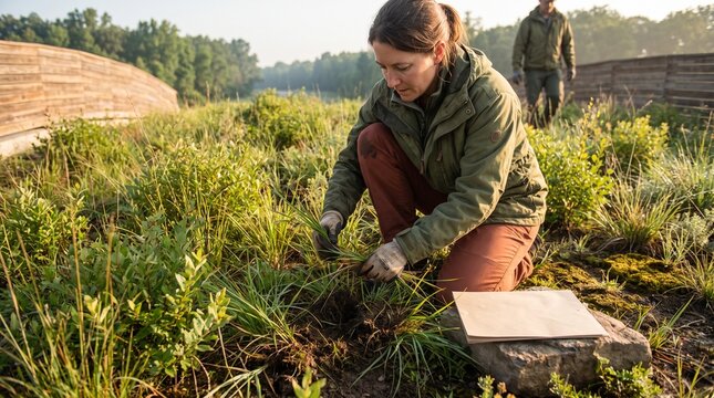 Field ecologist checks native plants on a wildlife crossing