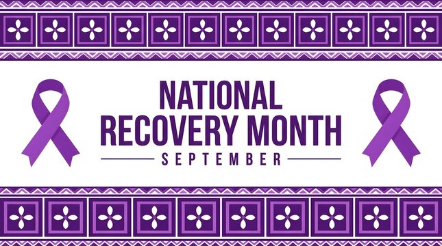 National recovery month awareness illustration featuring purple ribbons and a decorative border promoting hope and support during the month of september