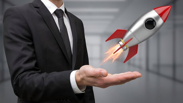 A businessman in a suit launching a rocket from his open palm, symbolizing growth and innovation