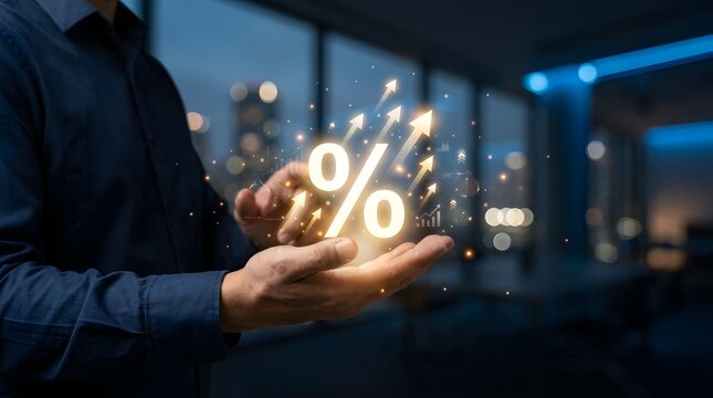Businessman holding glowing percentage sign and rising arrows for financial growth and interest rate concept
