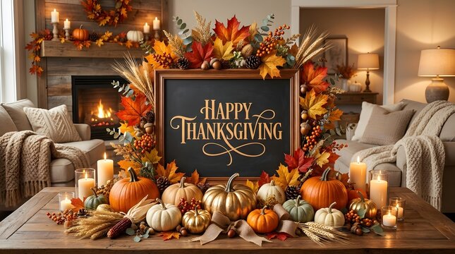 Happy Thanksgiving chalkboard sign decorated with autumn leaves and pumpkins in a cozy living room