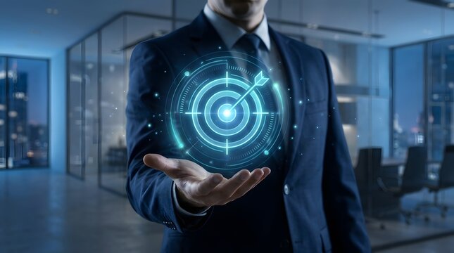 Businessman holding digital target hologram for business strategy