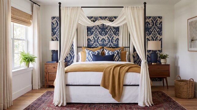 Neomaximalist bedroom with indigo ikat canopy bed and mustard bedding