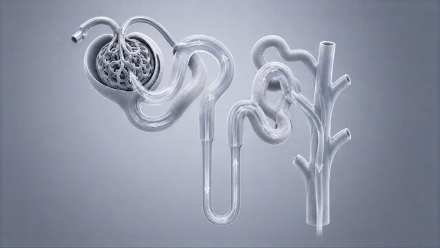 3D Anatomical Illustration of a Nephron with Fluid Flow Arrows
