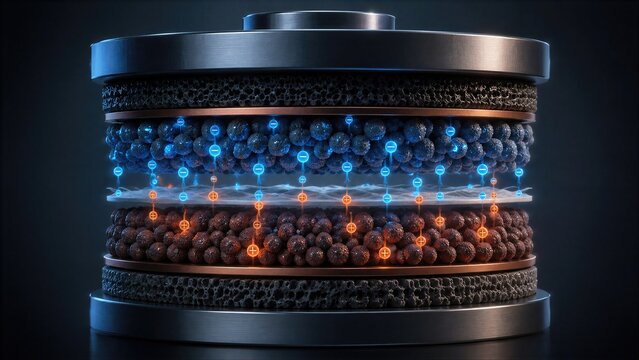 Futuristic Battery Cell Cutaway With Glowing Ions