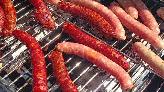 Merguez et saucisses grill&eacute;es au barbecue en ext&eacute;rieur