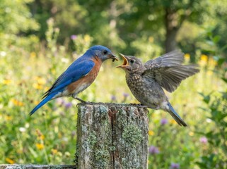 Naklejka premium A vibrant male bluebird perched on a weathered wooden fence post, feeding an insect to its hungry fledgling with open beak and flapping wings in a lush, out-of-focus summer meadow.
