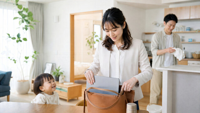 夫の家事協力を受けながら仕事へ向かう復職後のワーキングマザー
