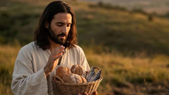 Jesus Christ holding a woven basket of bread and fish in a serene grassy field during golden sunset performing the biblical miracle of feeding the multitude with profound faith