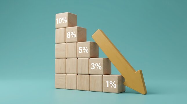 Wooden cubes arranged as a descending bar chart with a yellow arrow pointing downwards.