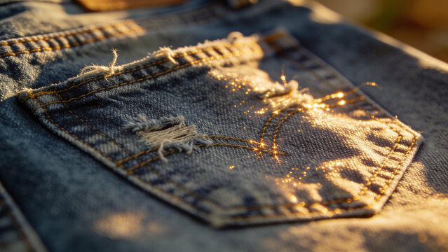 Close up of worn blue denim jeans back pocket in sunlight
