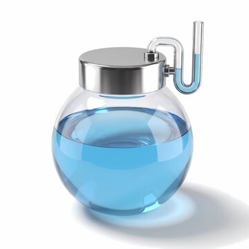 Scientific round glass flask filled with blue liquid and airlock tube, isolated on white background 3D render.