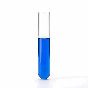 Glass test tube filled with vibrant blue liquid solution isolated on a plain white background for science and chemistry research.