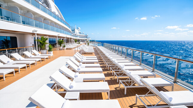 Empty white luxury cruise ship deck featuring numerous relaxing lounge chairs lined neatly along wooden flooring overlooking vast calm blue ocean horizon
