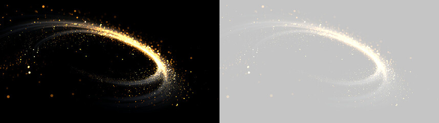 Golden glowing curved light trail with particles on black and transparent background. Abstract magic dust arc overlay © Pro_Light