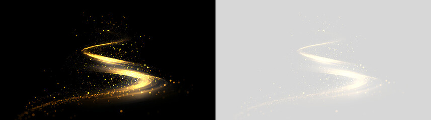 Wavy golden light trail with glowing particles on black and transparent background. Dynamic magic wave effect © Pro_Light