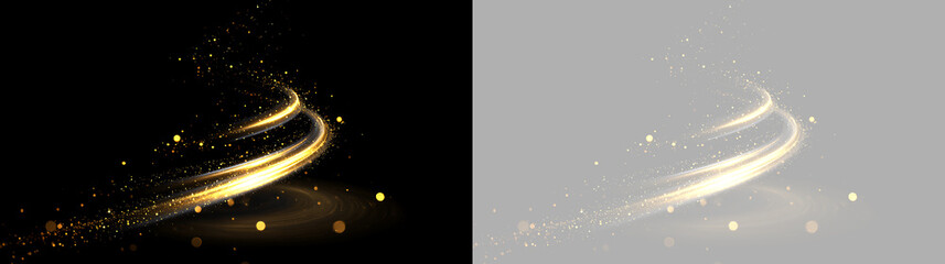 Overlapping golden light trails with glowing particles on black and transparent background. Magic swirl effect © Pro_Light
