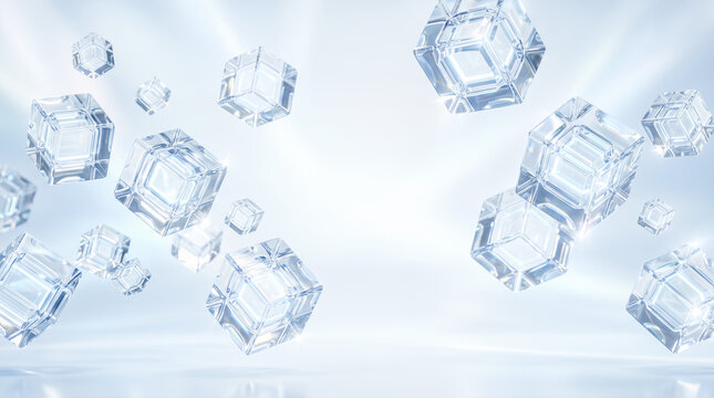 Floating clear glass cubes abstract bright light blue background shining transparent block 3d rendering geometric shape modern futuristic crystal ice design
