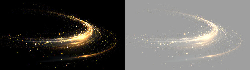 Sweeping golden glowing light trail with sparkling dust particles. Luminous elliptical curve and magic glitter effect isolated on black and transparent backgrounds. Abstract dynamic motion design © Pro_Light