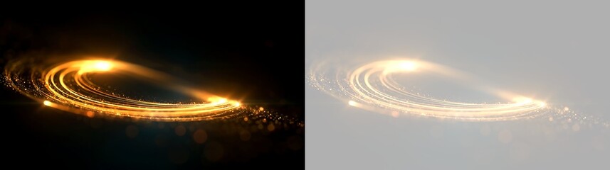 Golden glowing light trail with sparkling particles. Abstract circular magic swirl effect on black and transparent background © Pro_Light