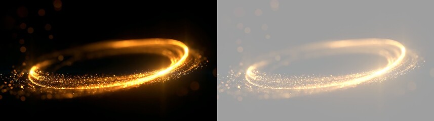 Glowing golden light ring with sparkling particles. Luminous magic halo effect on black and transparent backgrounds. Abstract energy trail overlay for festive luxury design © Pro_Light